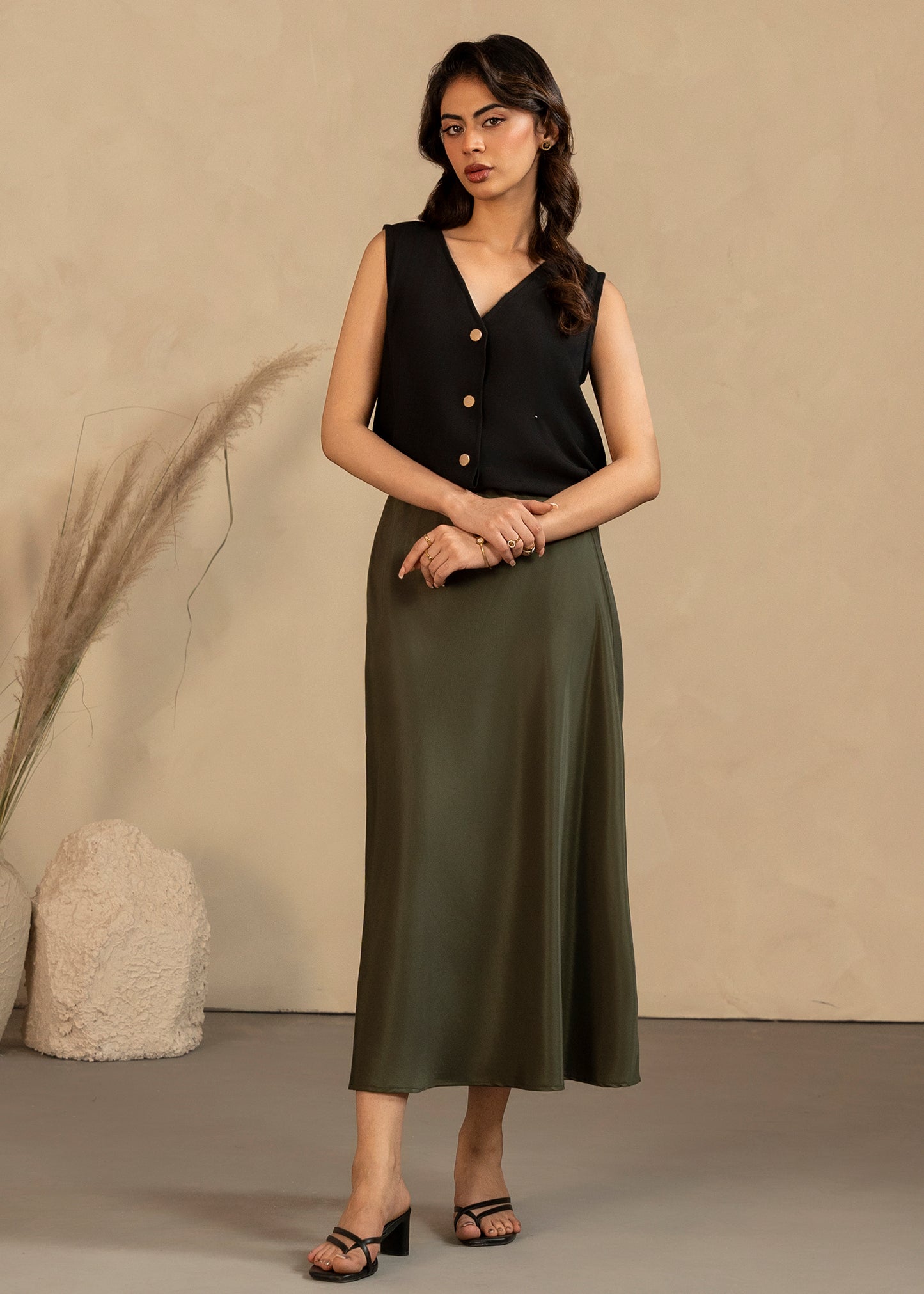 Olive Satin Skirt Set
