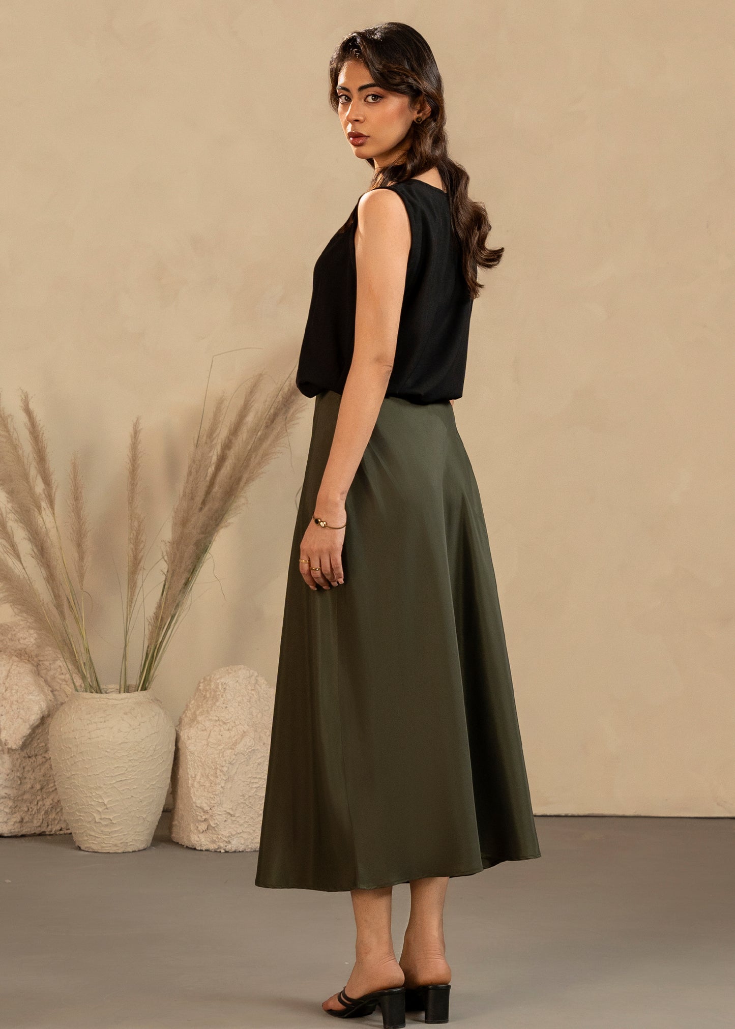 Olive Satin Skirt Set