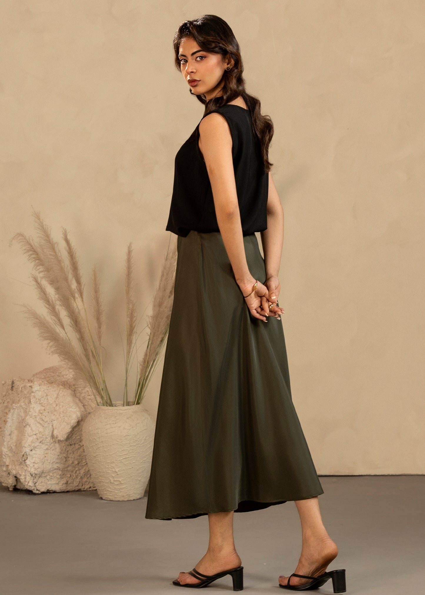 Olive Satin Skirt Set