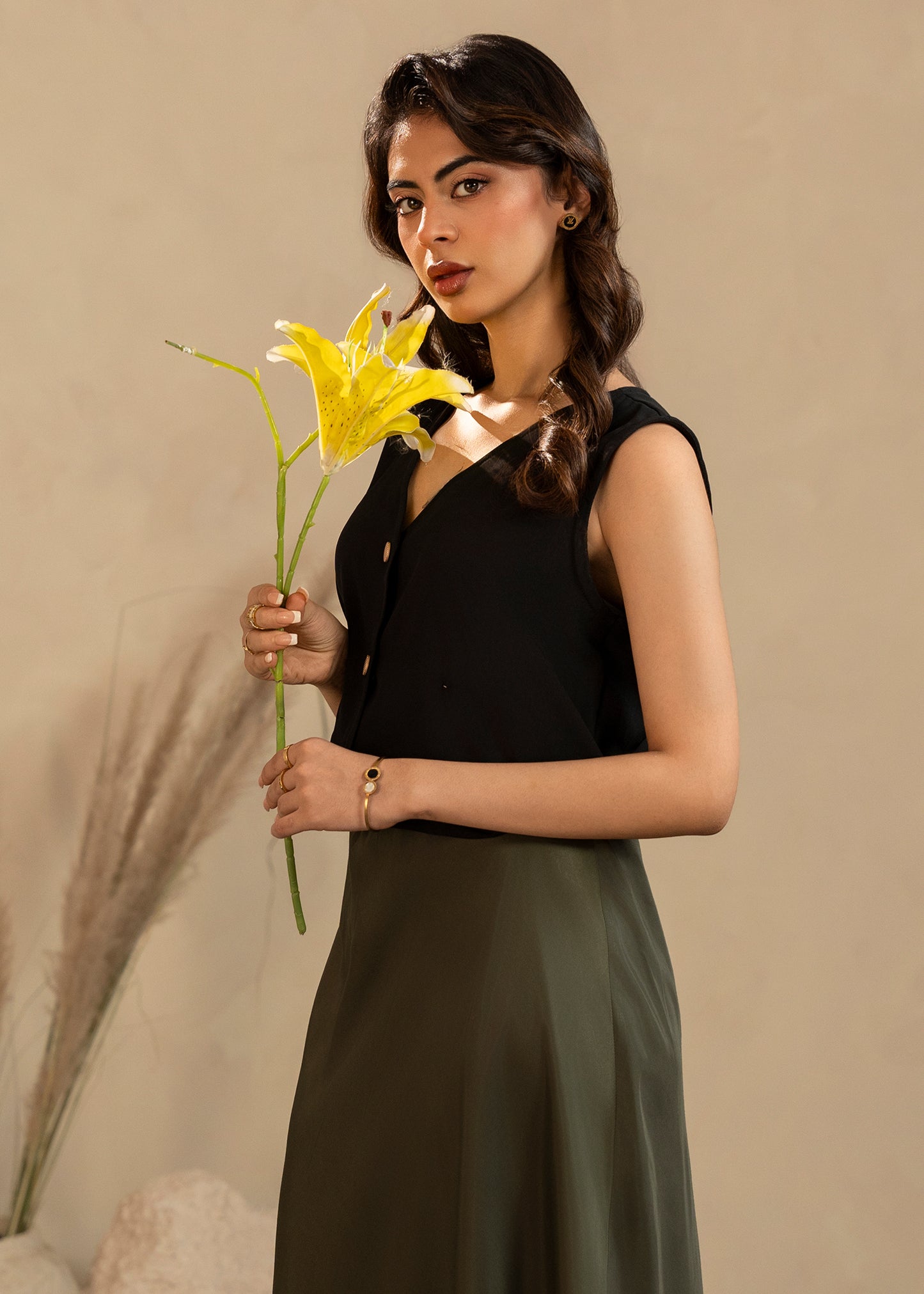 Olive Satin Skirt Set
