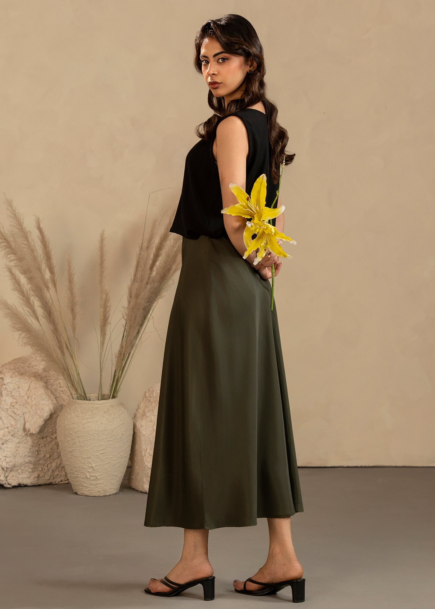 Olive Satin Skirt Set