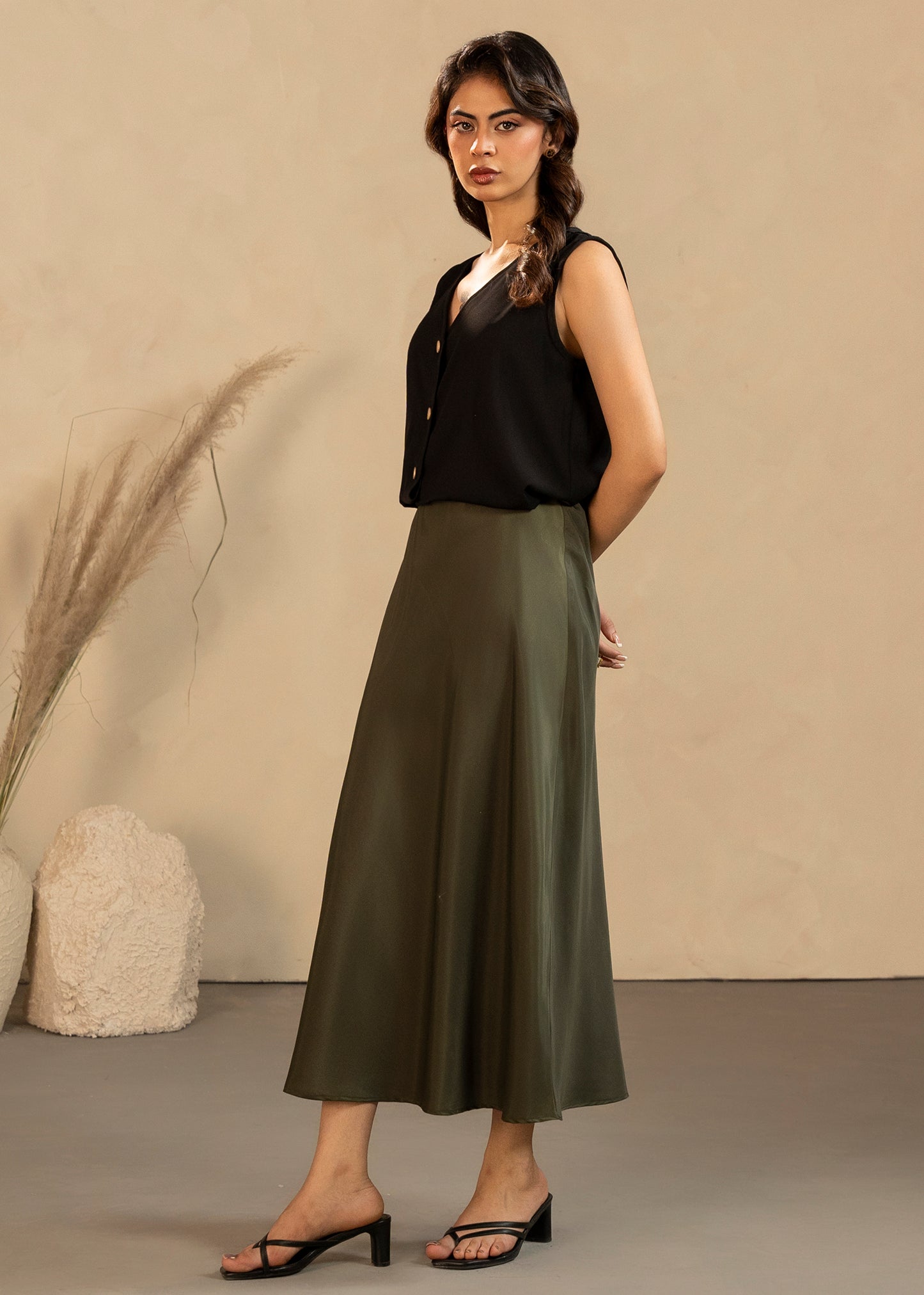 Olive Satin Skirt Set