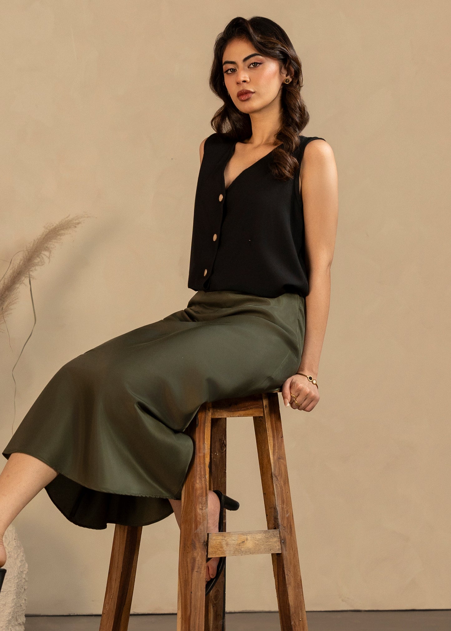 Olive Satin Skirt Set