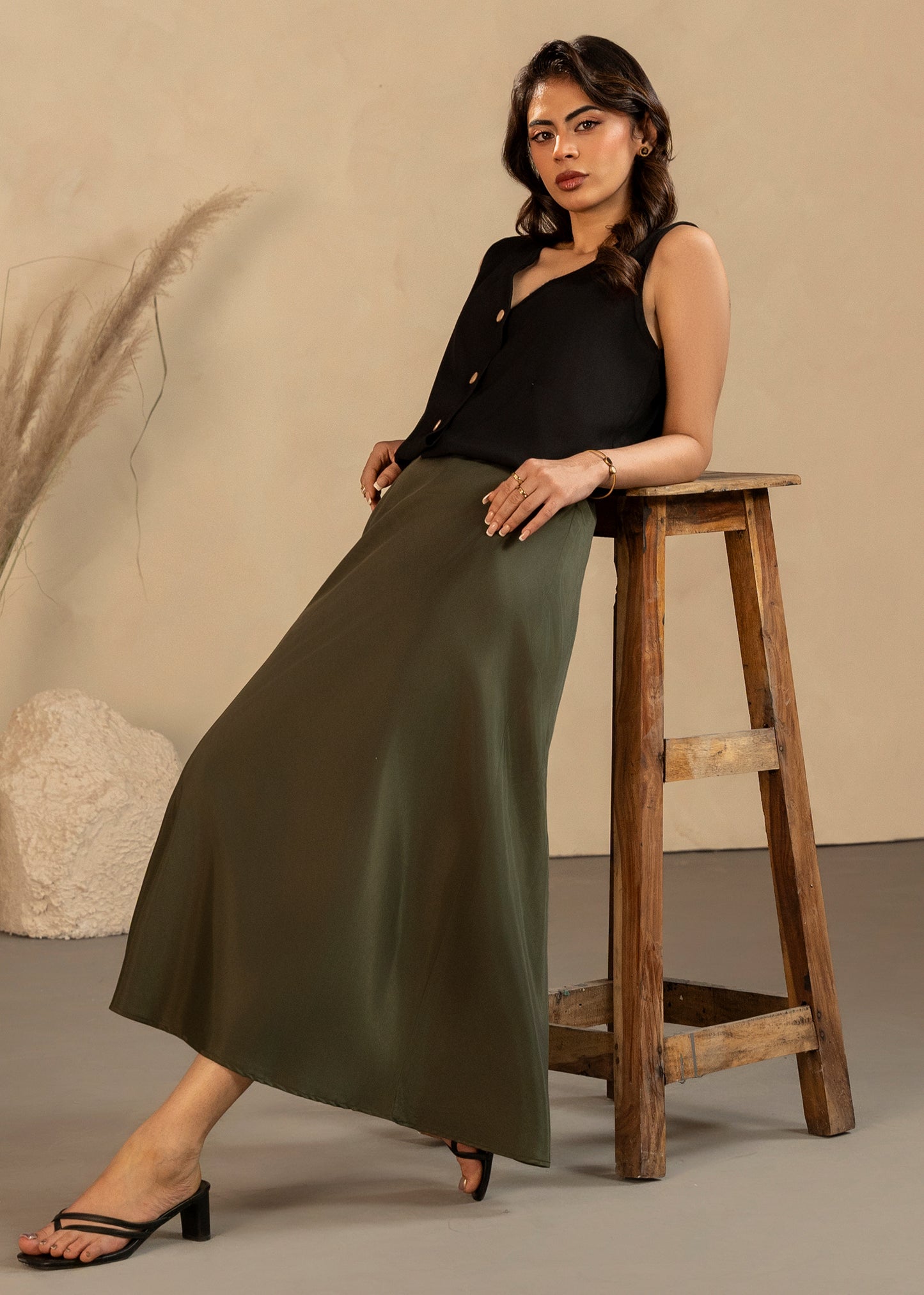 Olive Satin Skirt Set