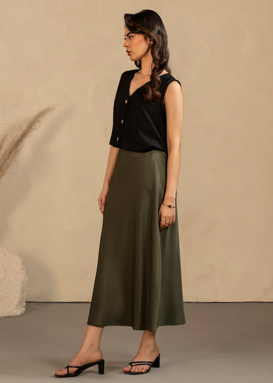 Olive Satin Skirt Set