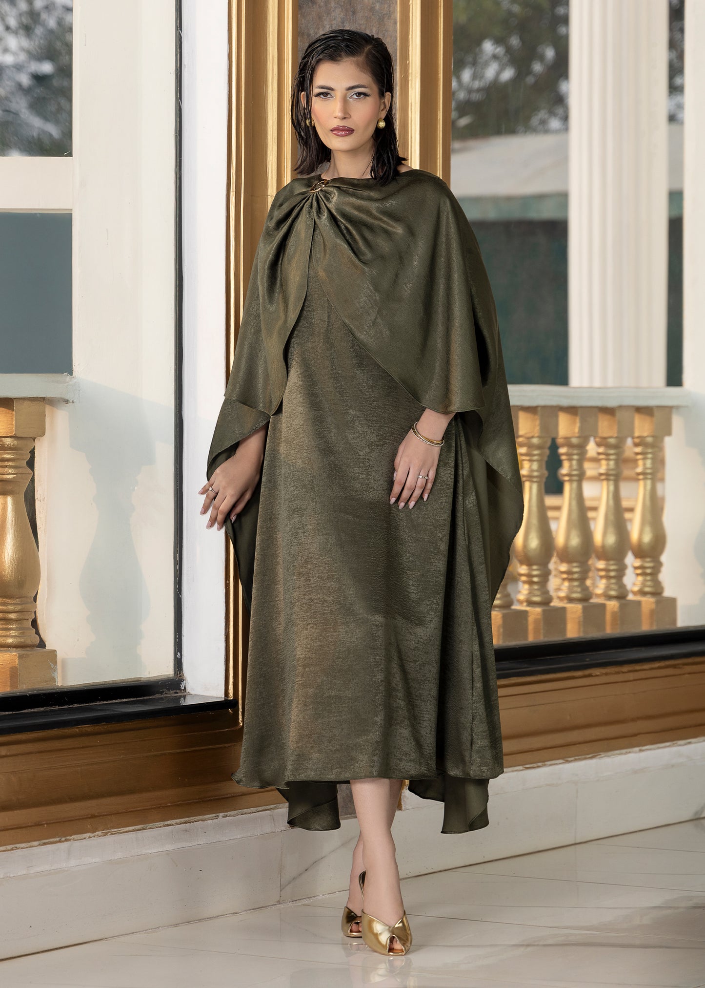 Olive Aura Cape Dress
