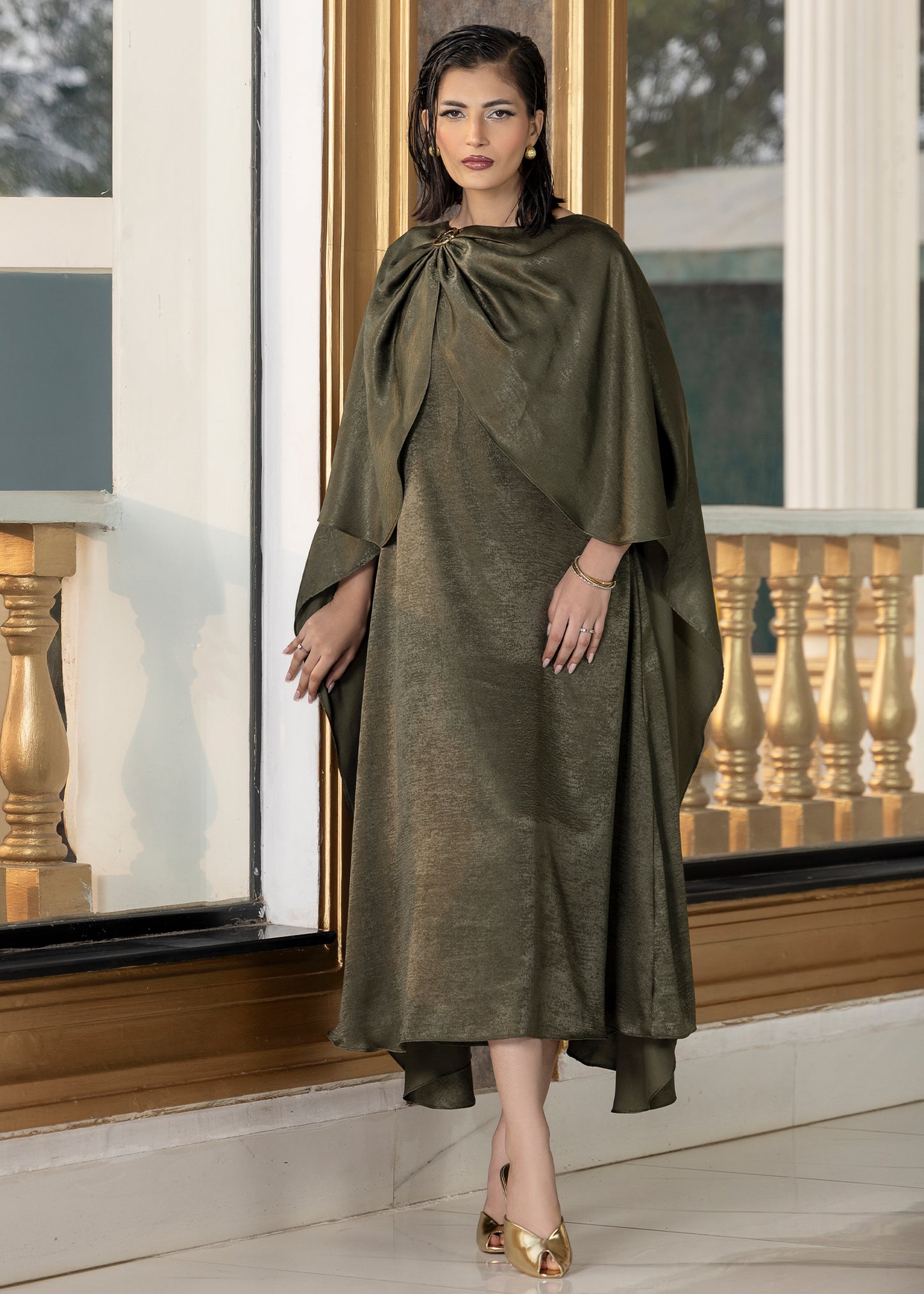 Olive Aura Cape Dress