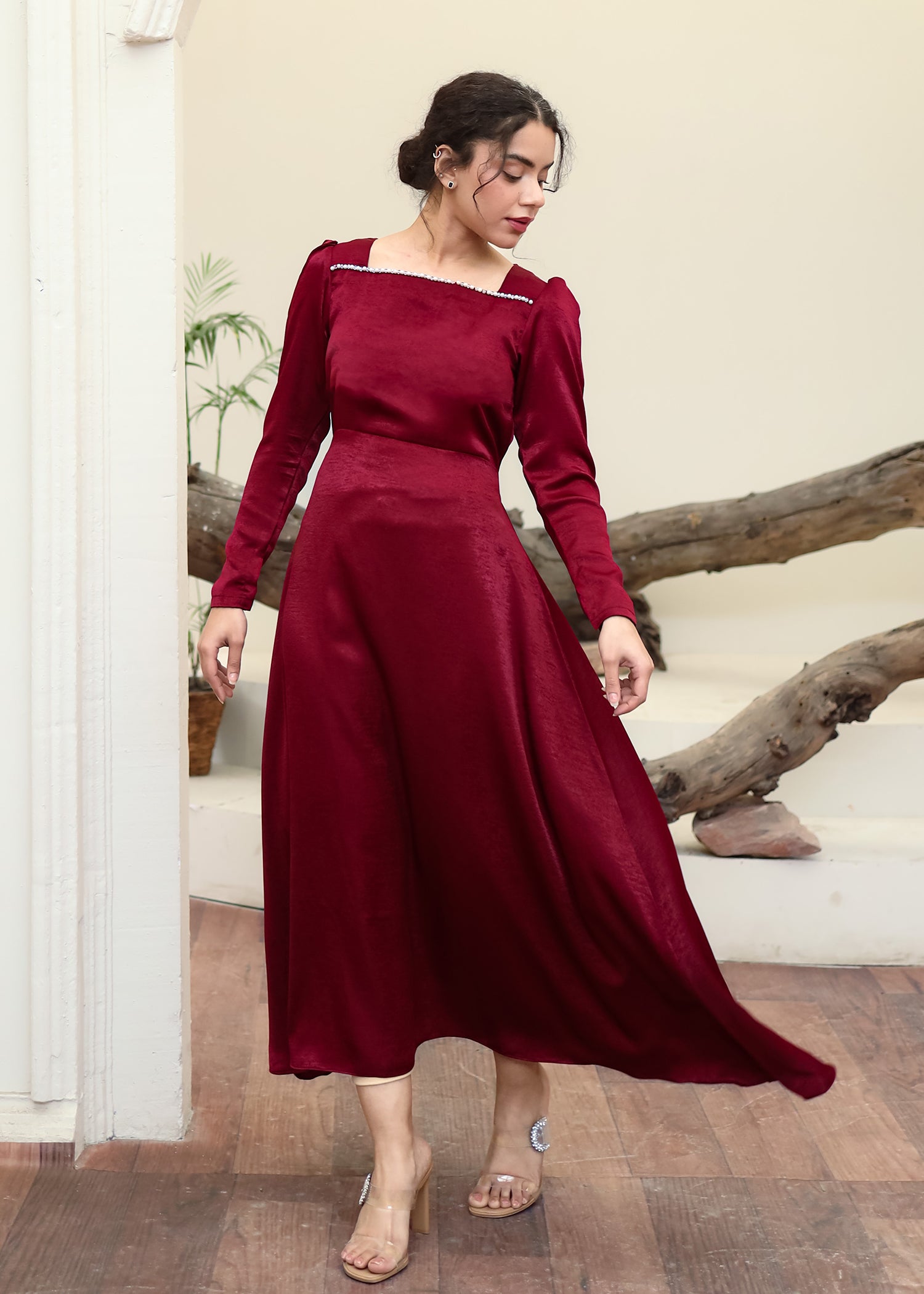 Maroon Textured Silk Dress