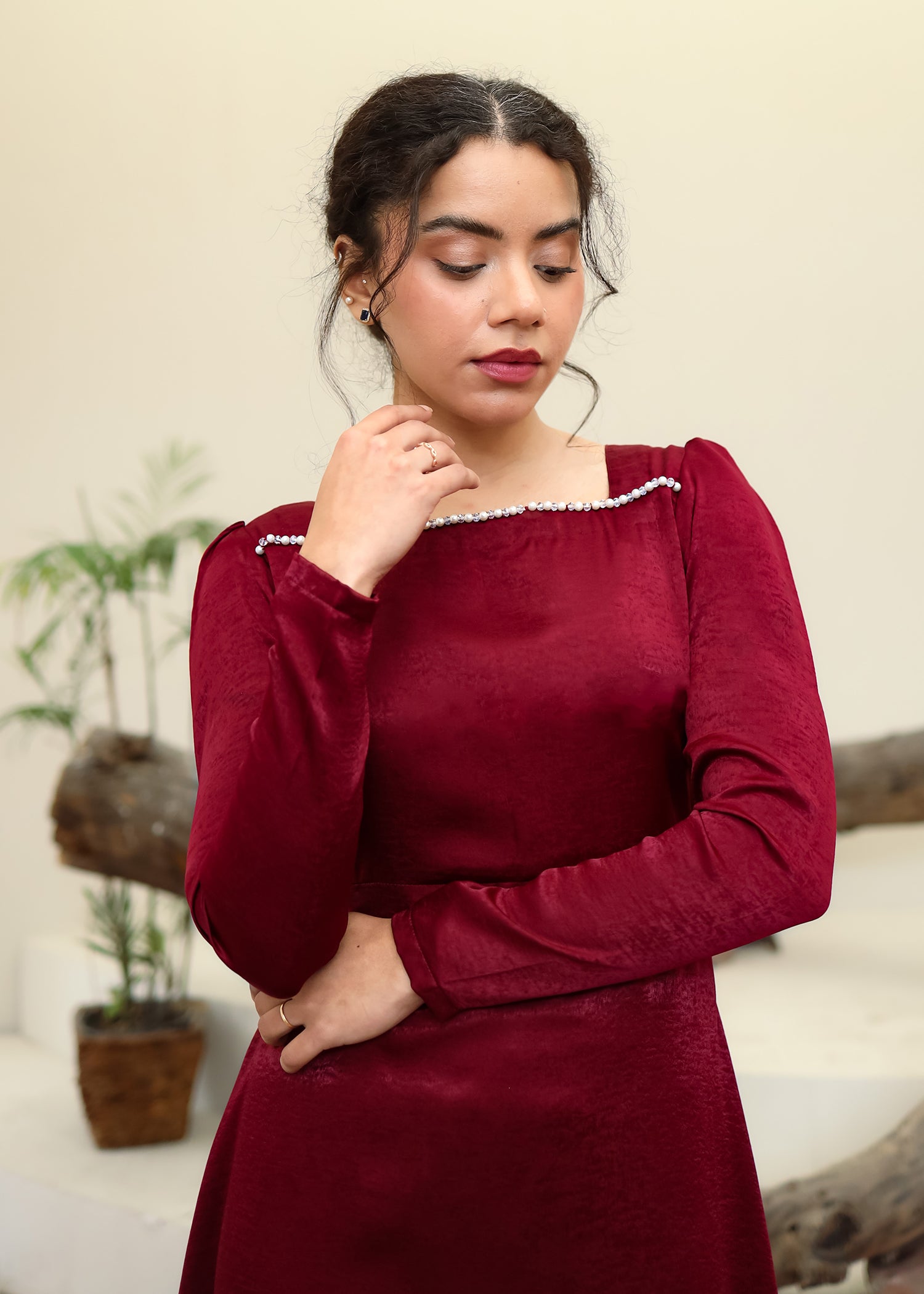 Maroon Textured Silk Dress