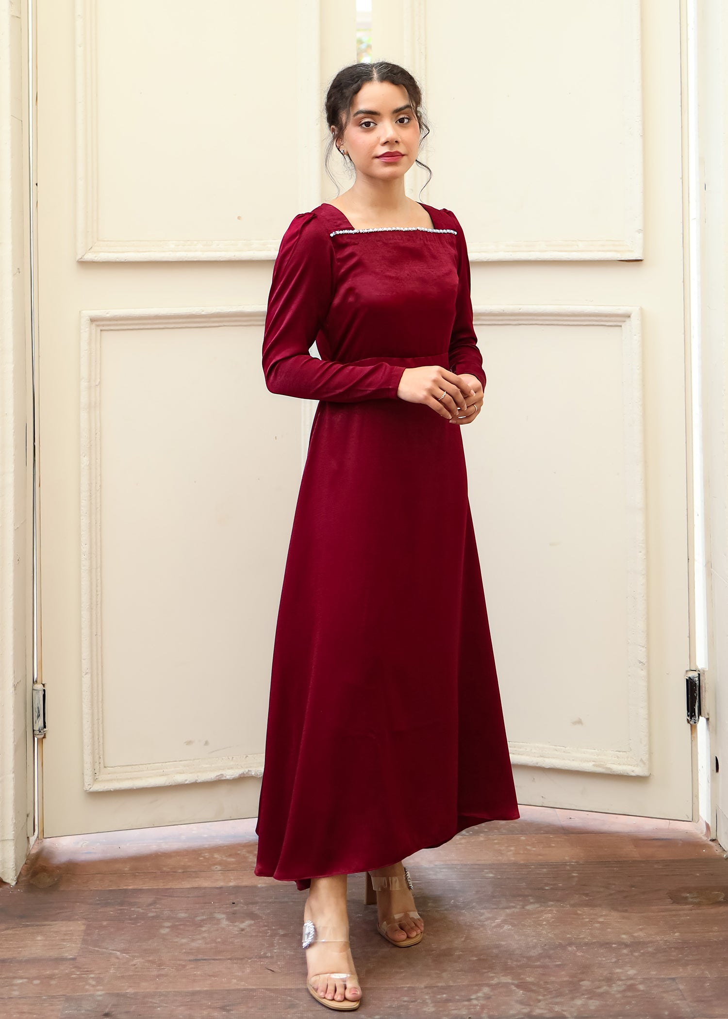 Maroon Textured Silk Dress