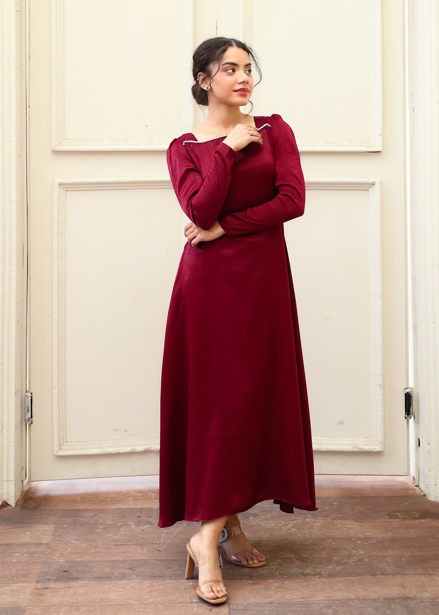 Maroon Textured Silk Dress