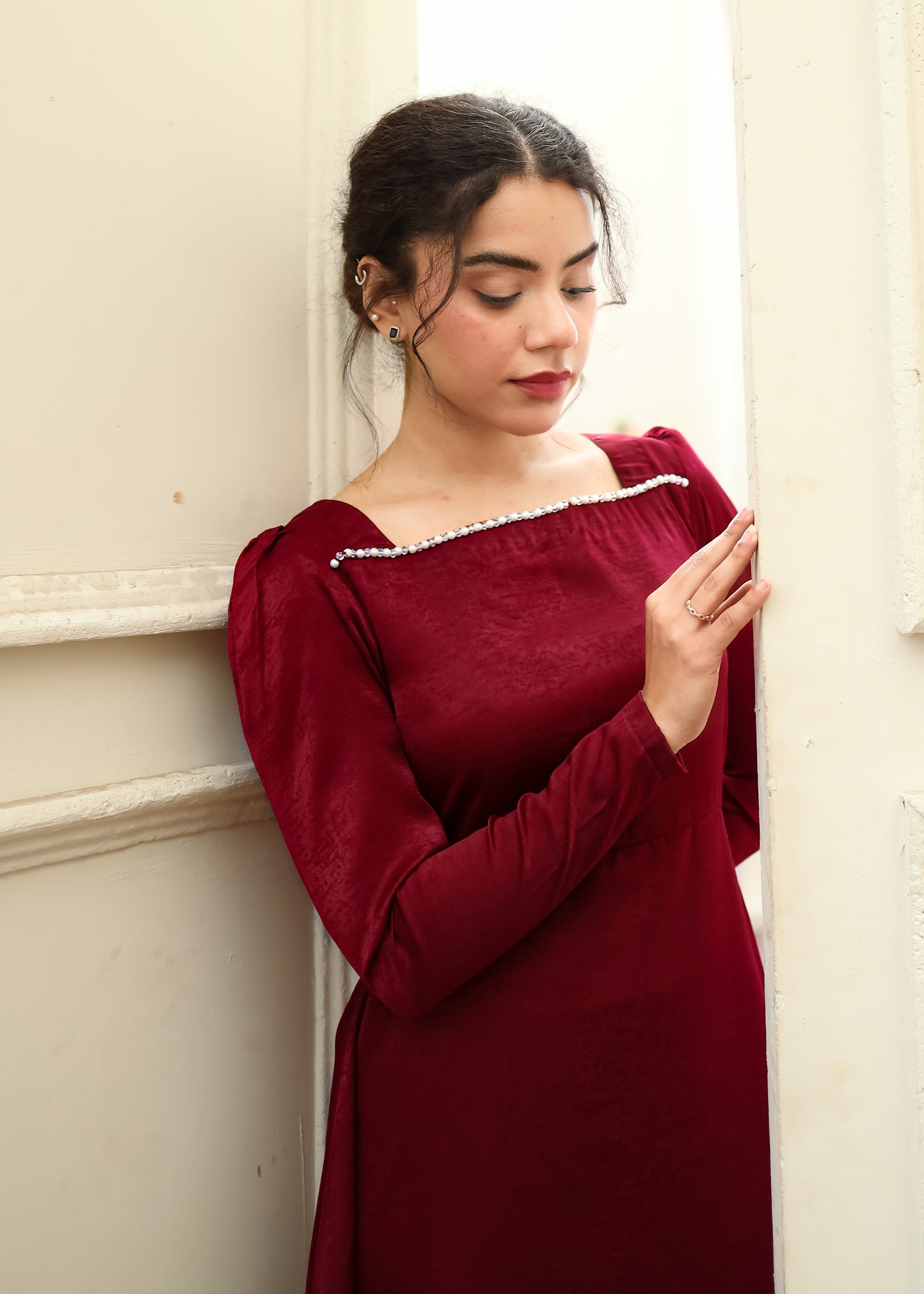 Maroon Textured Silk Dress