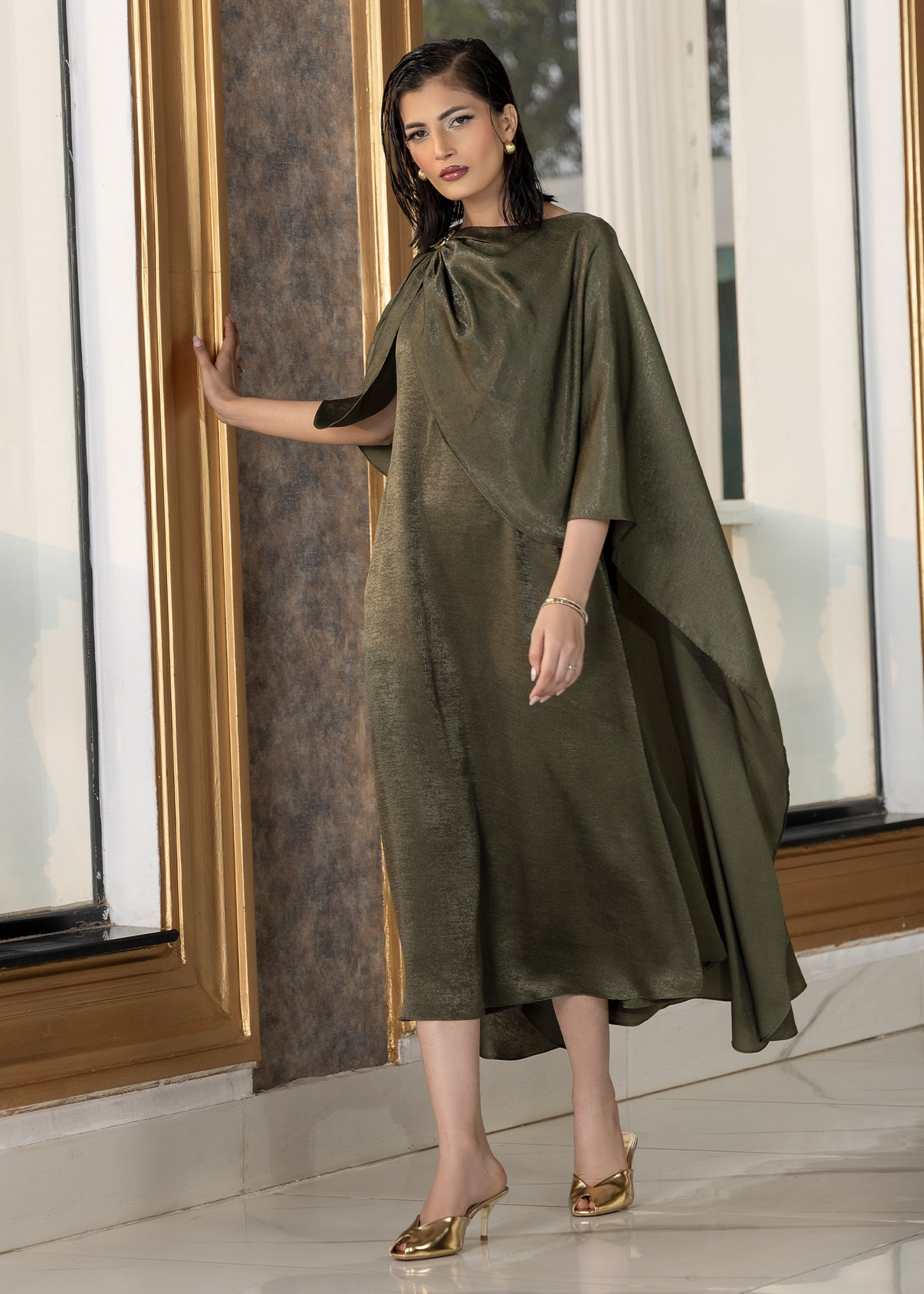 Olive Aura Cape Dress