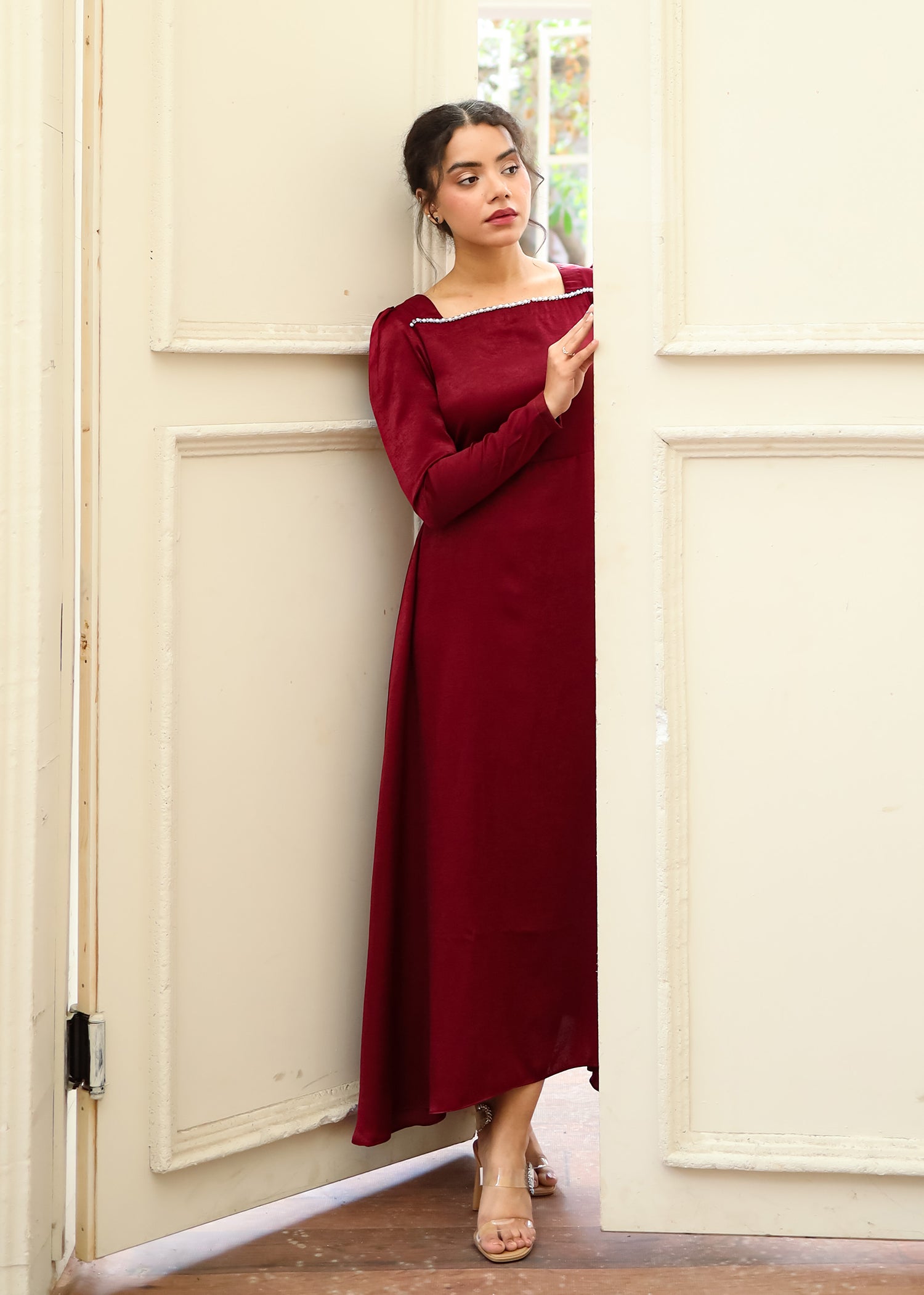 Maroon Textured Silk Dress