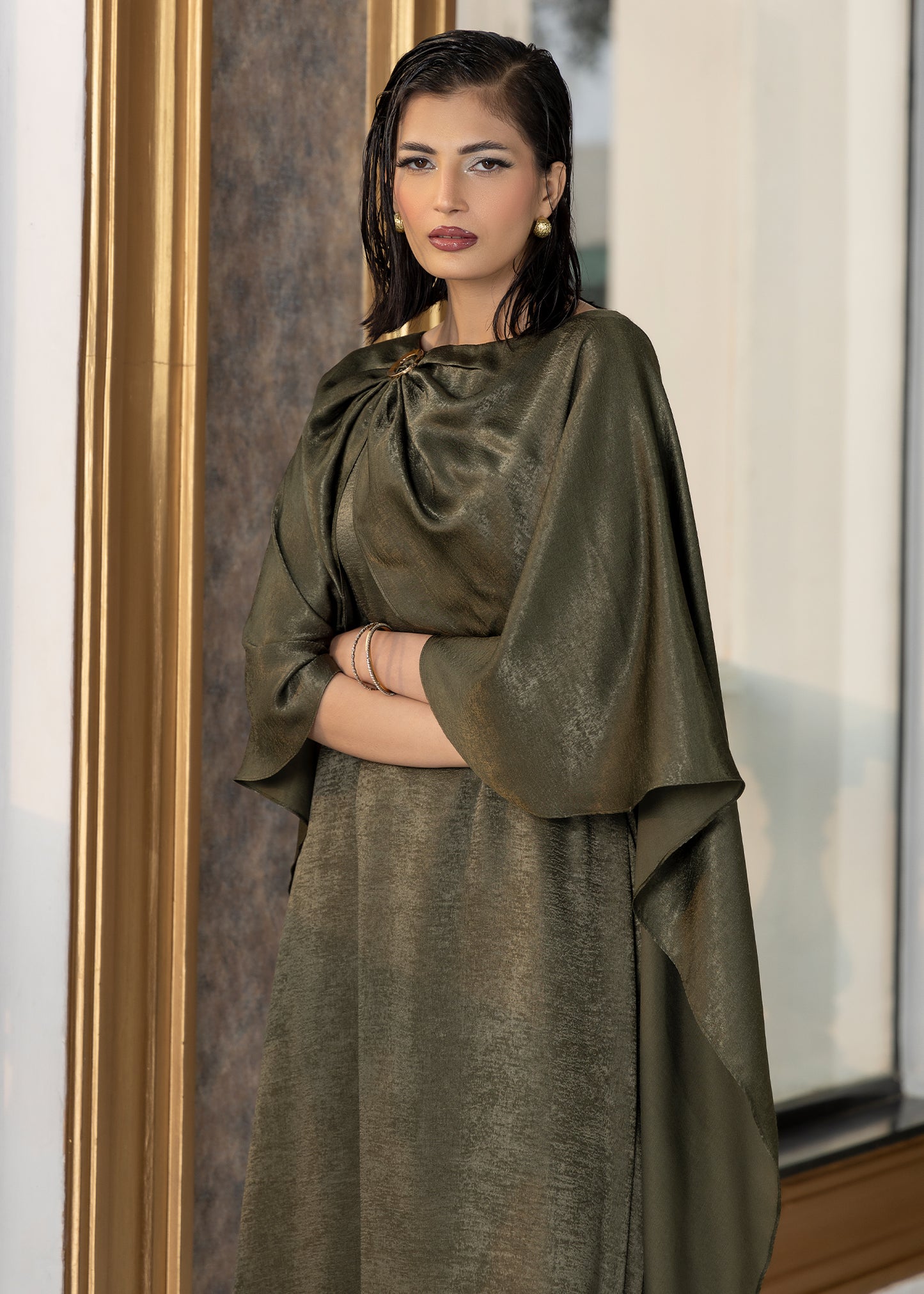 Olive Aura Cape Dress