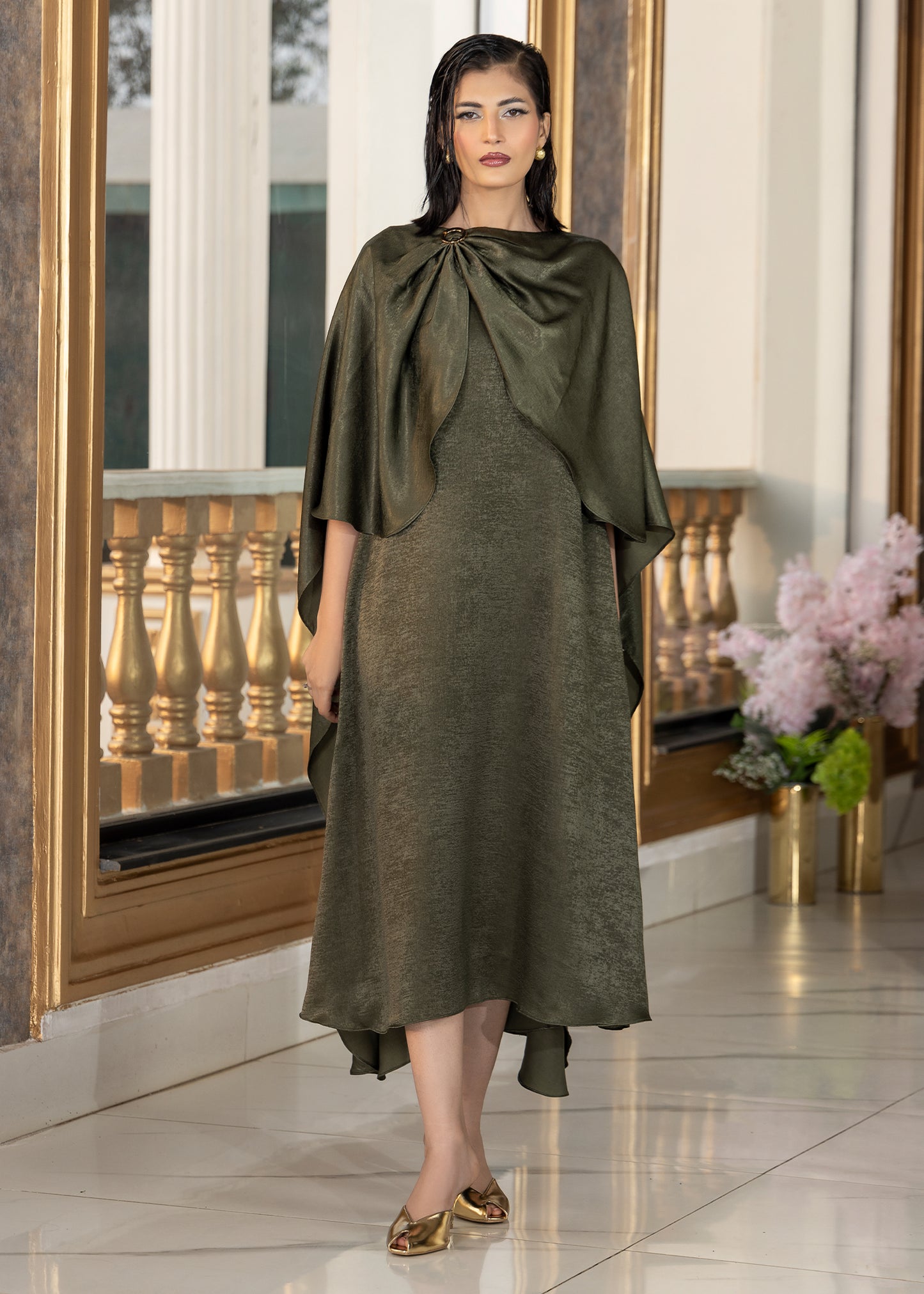 Olive Aura Cape Dress