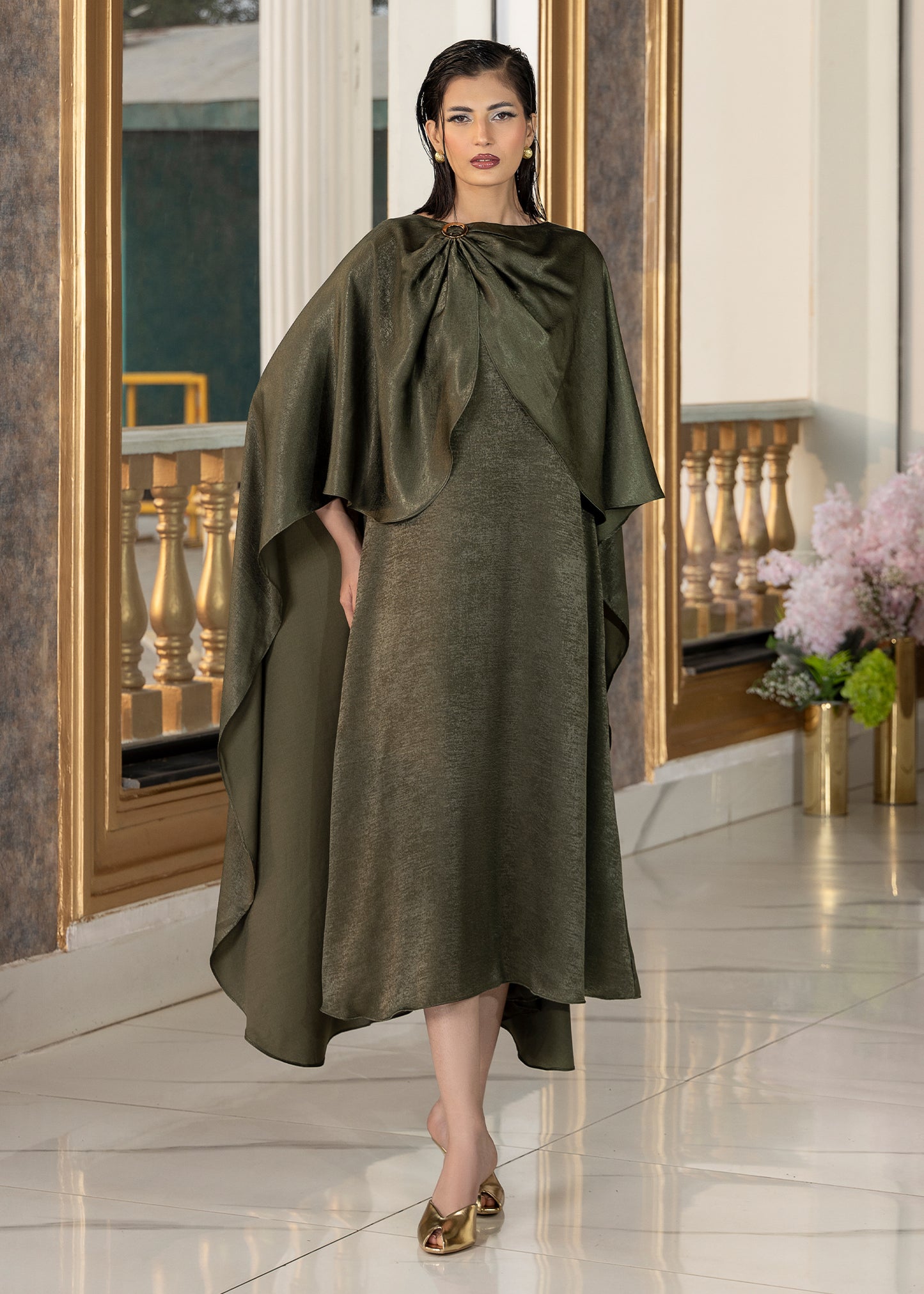 Olive Aura Cape Dress