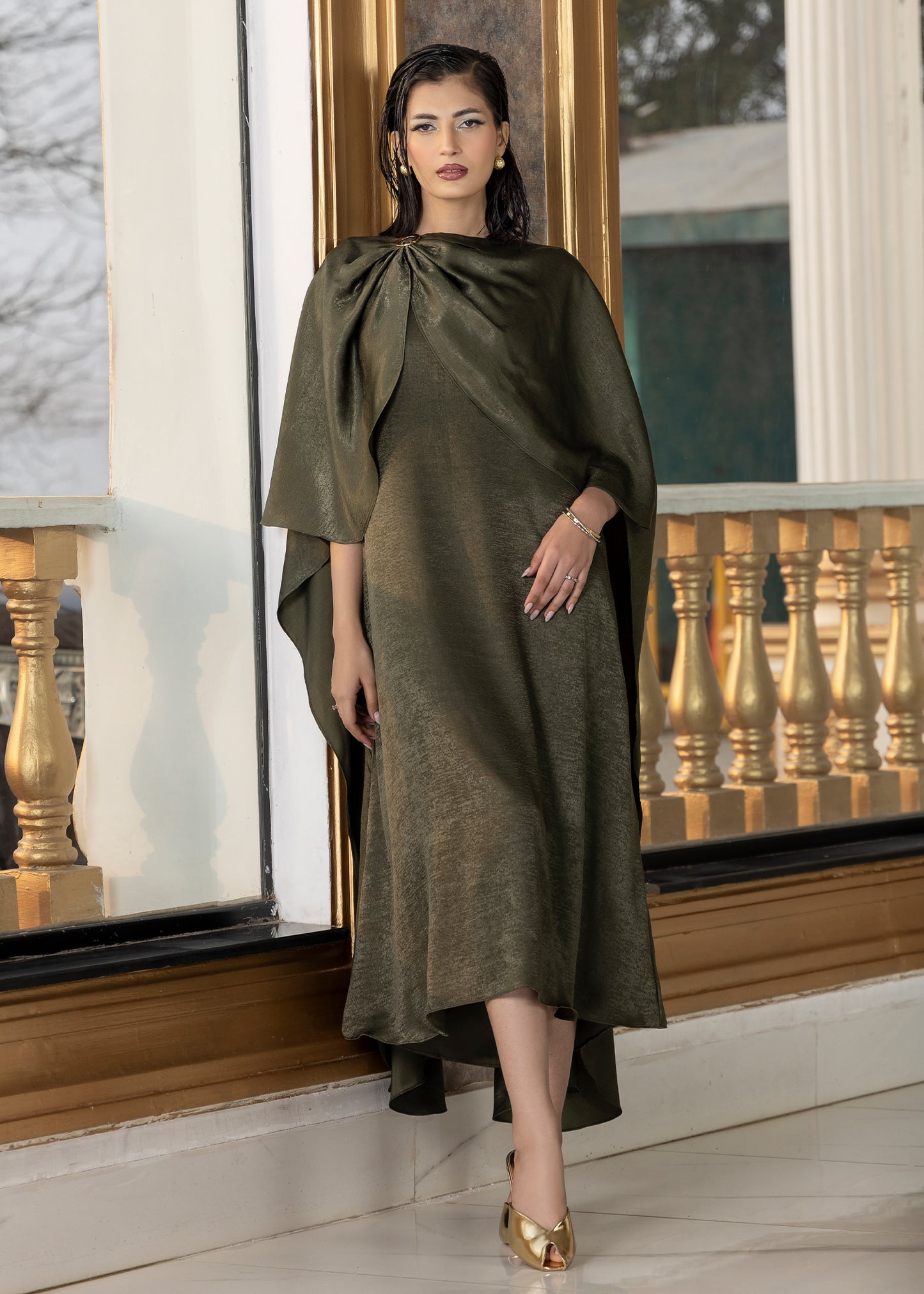 Olive Aura Cape Dress